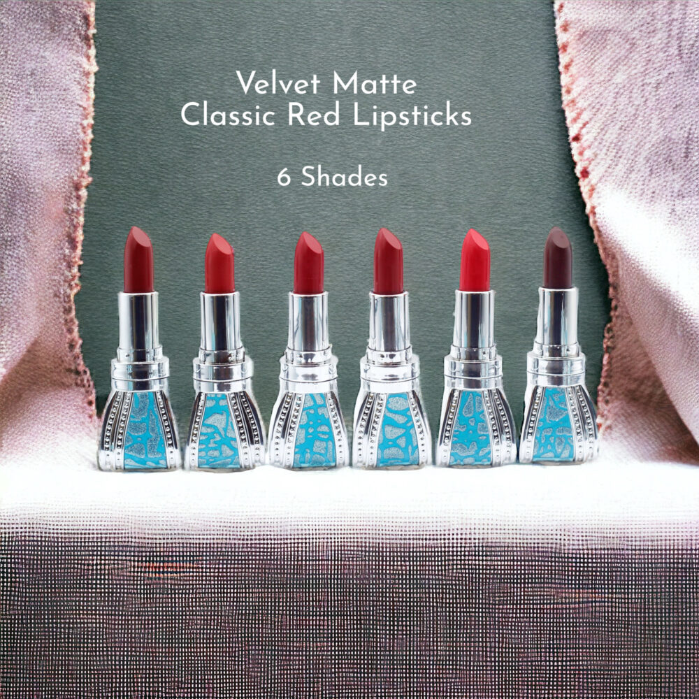 Seven classic red velvet matte lipsticks displayed in a row.