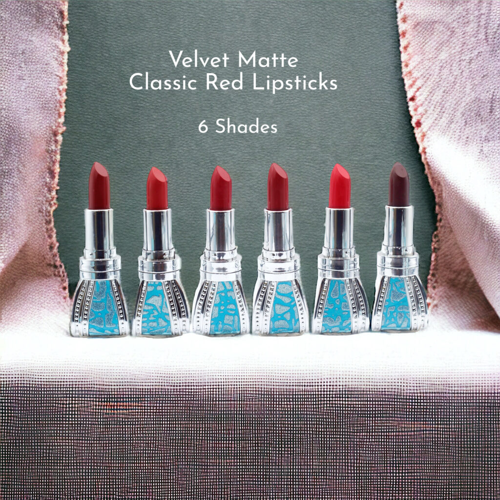 Seven classic red velvet matte lipsticks displayed in a row.