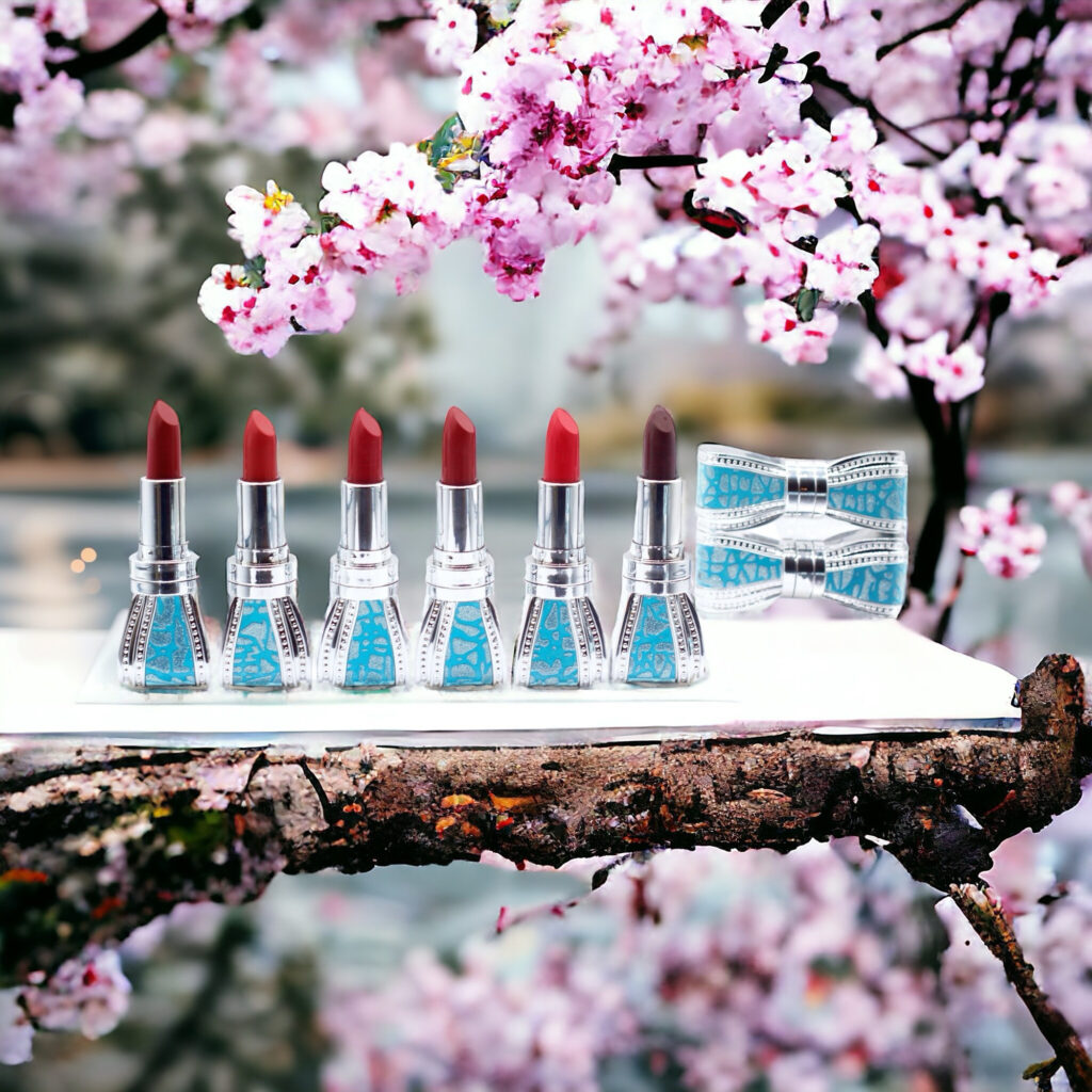 Lipsticks displayed on a tree branch with blooming cherry blossoms.