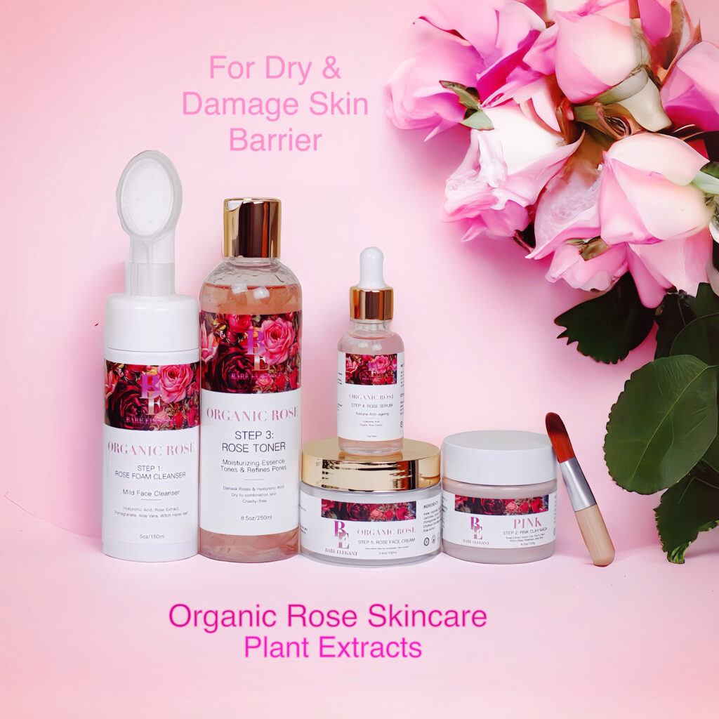 Organic rose skincare products with plant extracts on a pink background.