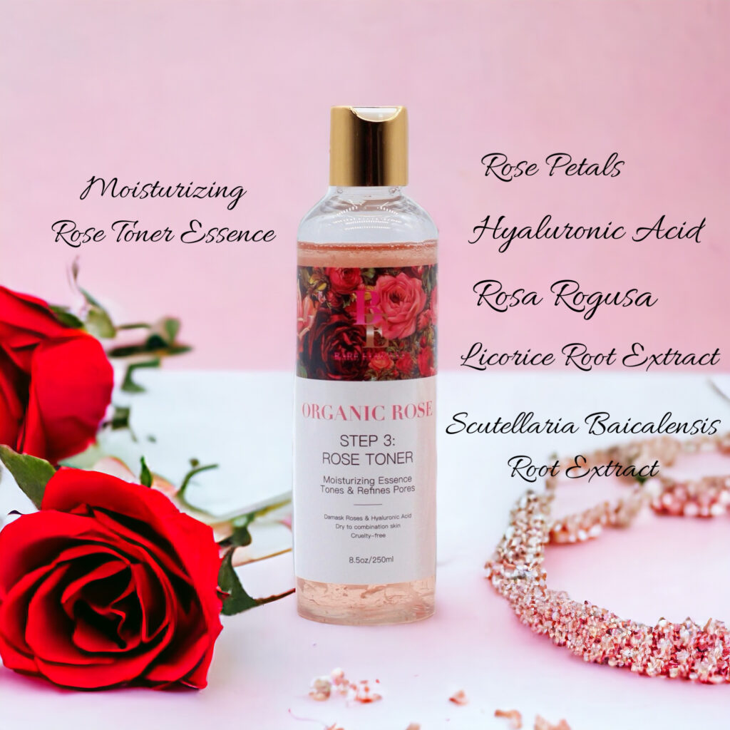 A bottle of rose water face toner surrounded by roses and jewelry.