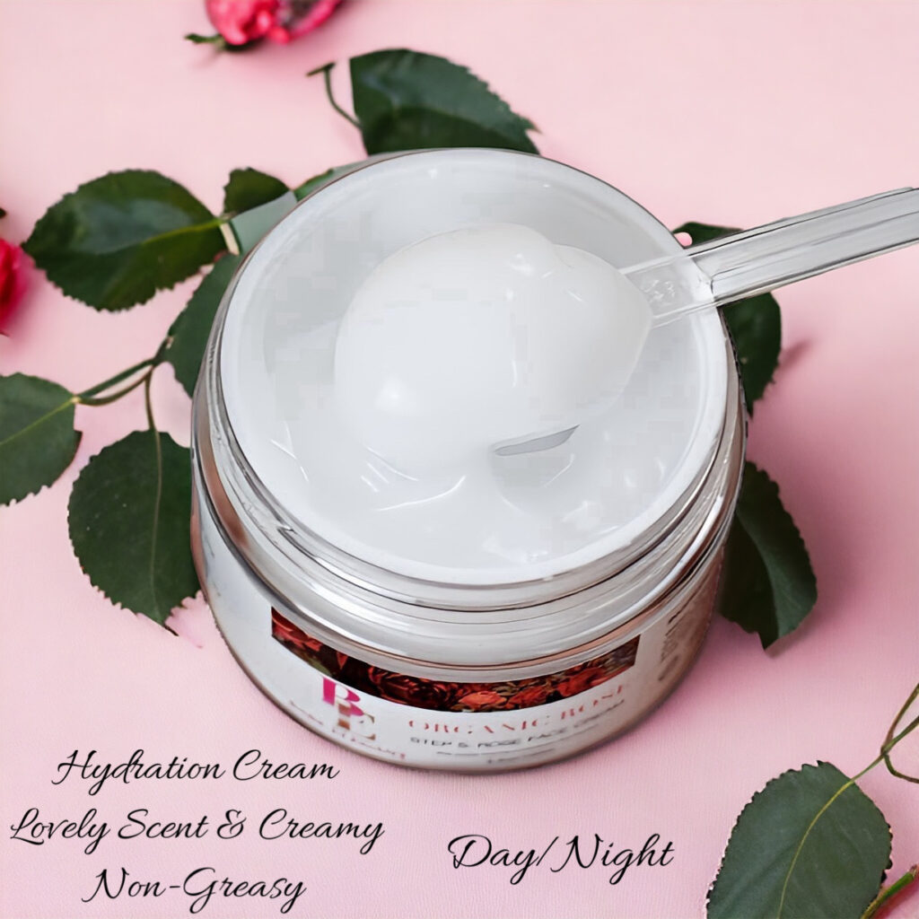 Open jar of hydrating cream with a soft texture on a pink background with rose petals.
