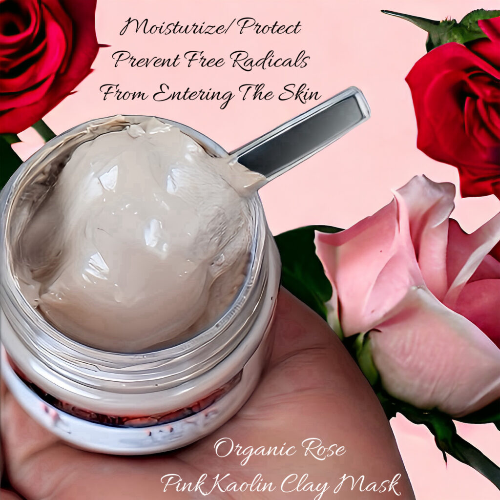 A jar of organic rose facial clay mask with roses and a spatula.