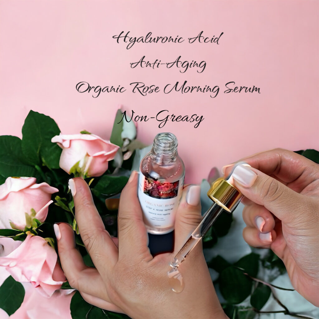 Hand holding a dropper applying serum with roses in the background.