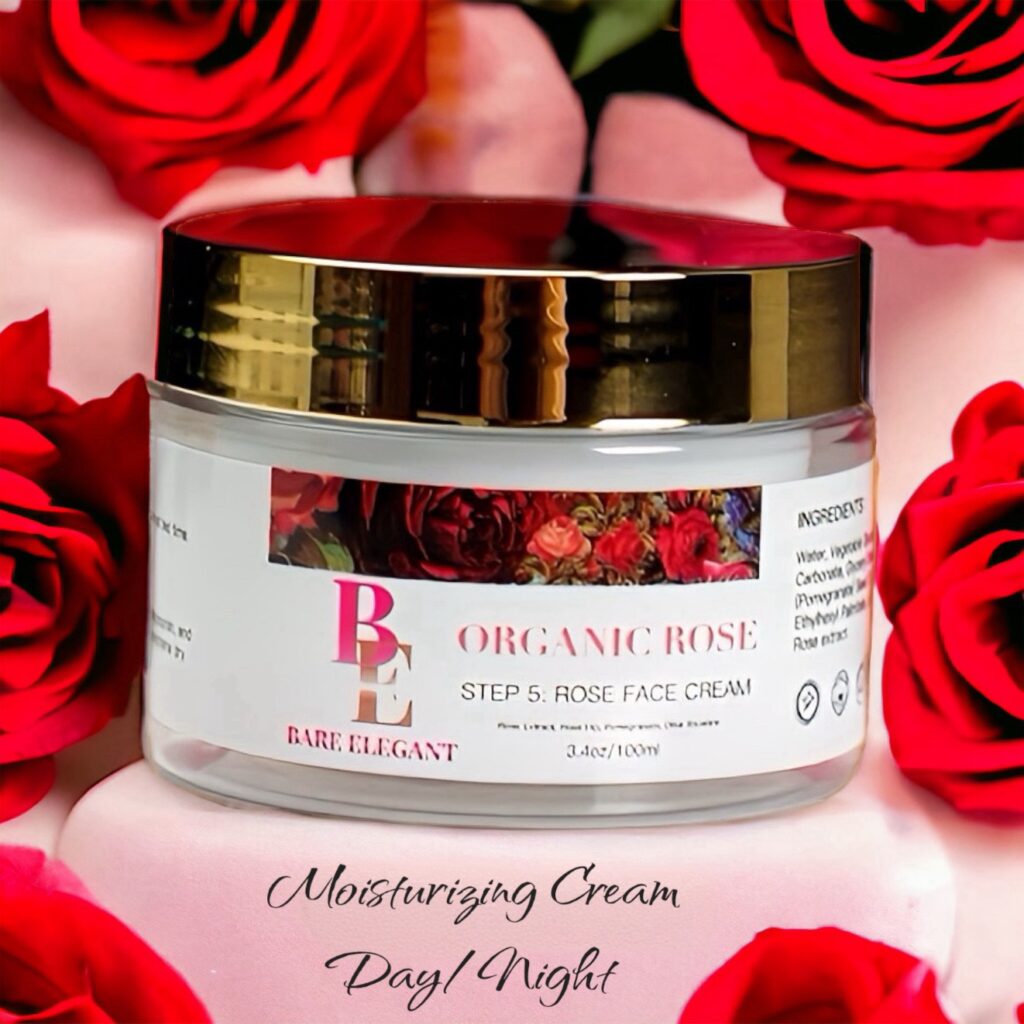 A jar of moisturizing cream surrounded by red roses.