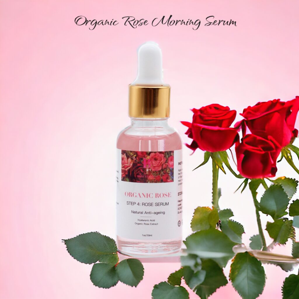 Organic rose morning serum bottle with roses on pink background.