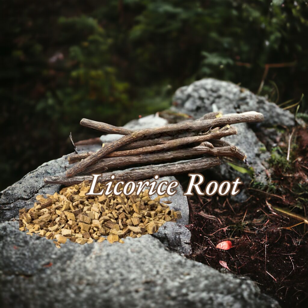 Licorice root pieces and powder displayed on a stone outdoors.