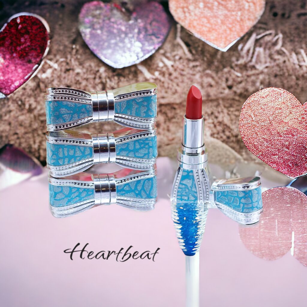 Blue and silver lipstick with glittery heart decorations.