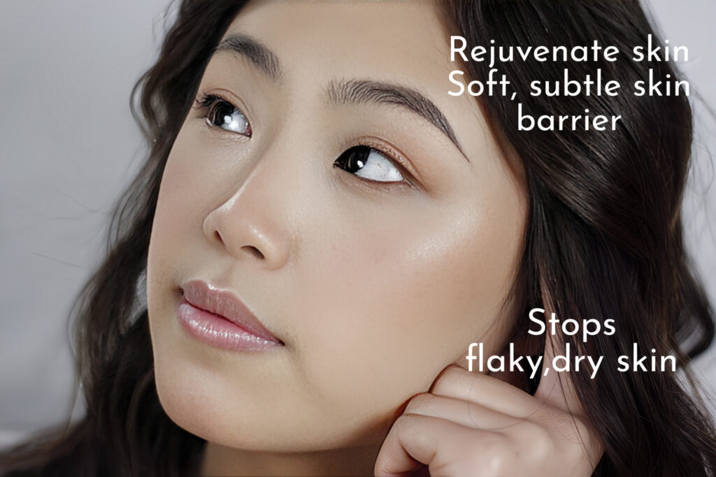 Close-up of a woman's glowing, flawless skin with skincare text overlays.