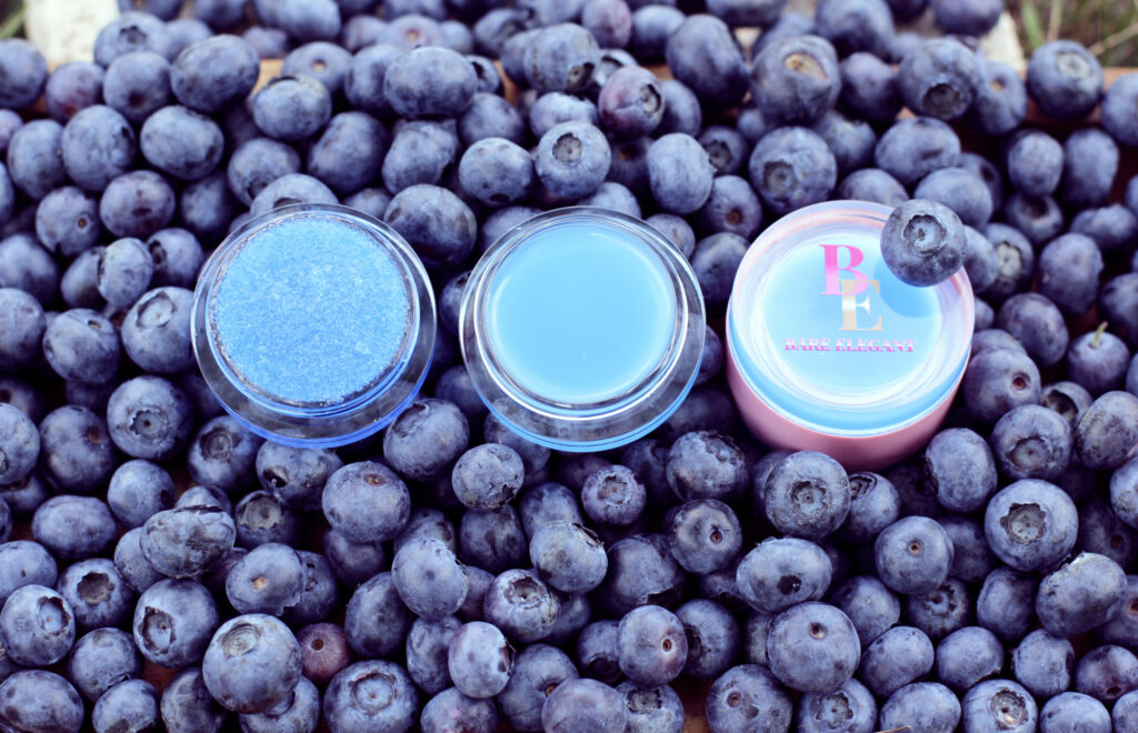Blueberry-themed eyeshadow palette alongside fresh blueberries.