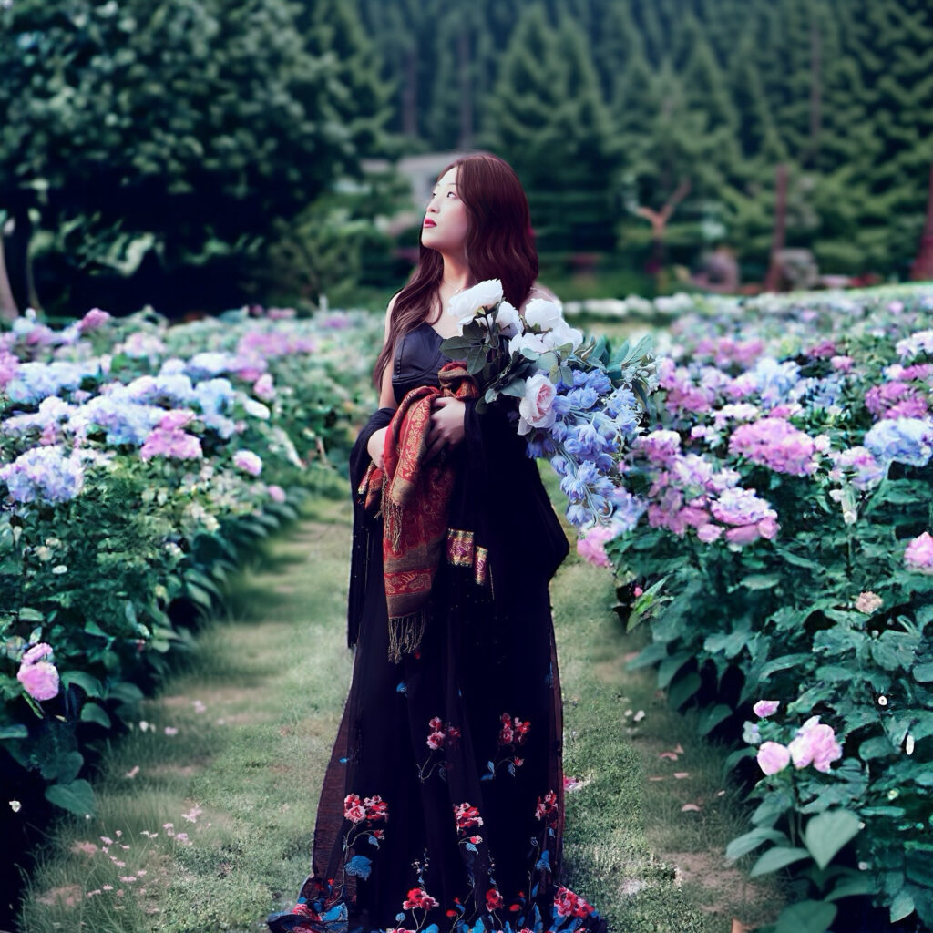 A woman in a flowing black and red dress walks through a vibrant flower garden.