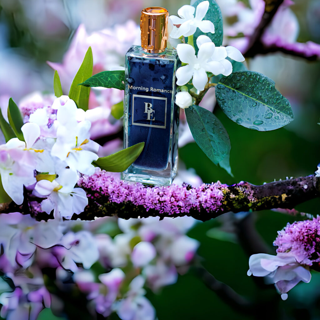 Elegant perfume bottle nestled among blooming flowers.