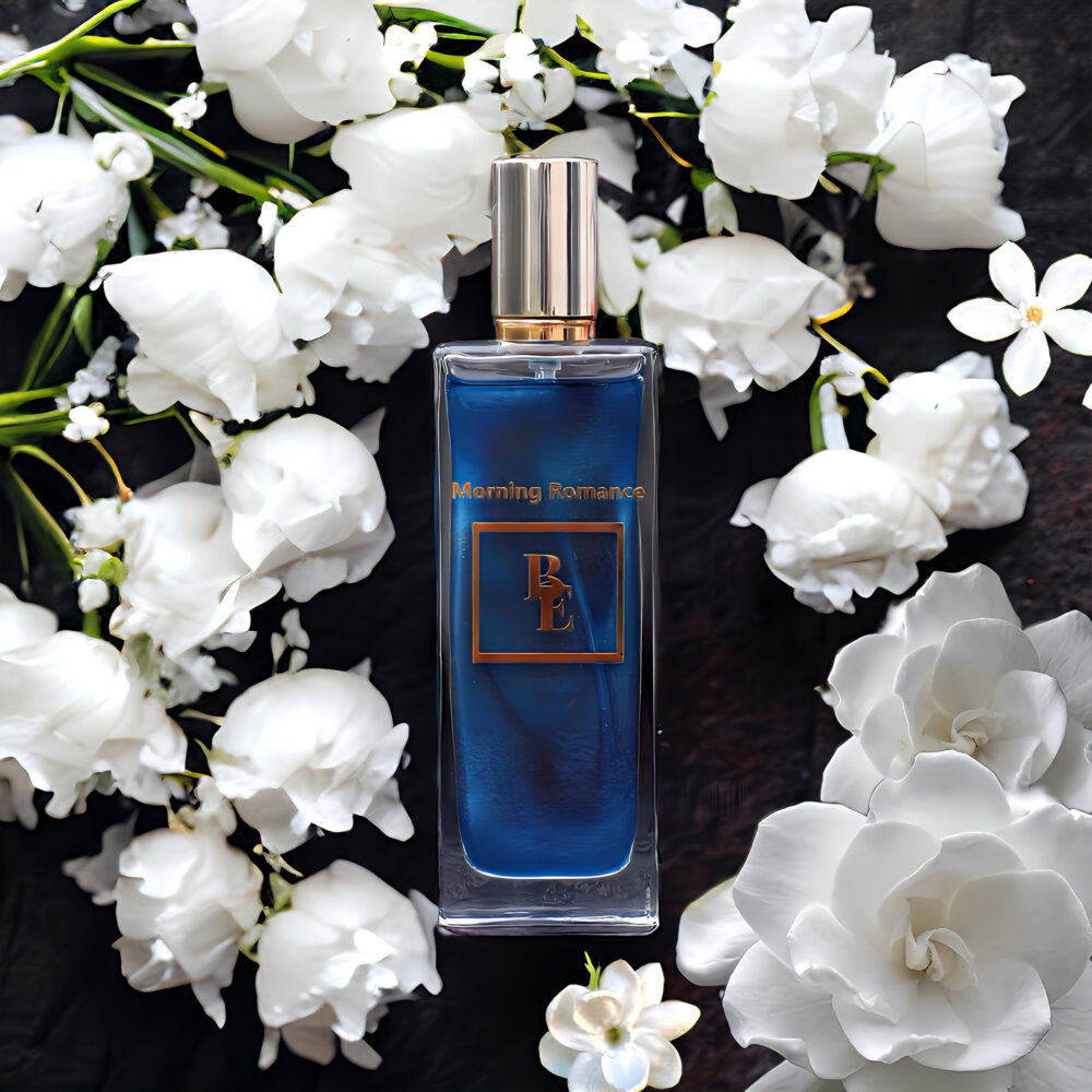 Elegant blue perfume bottle surrounded by delicate white flowers.