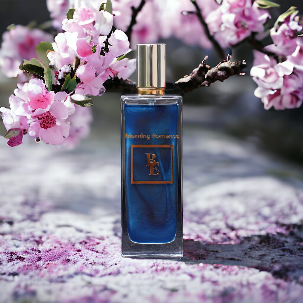 Elegant blue perfume bottle amidst pink cherry blossoms.