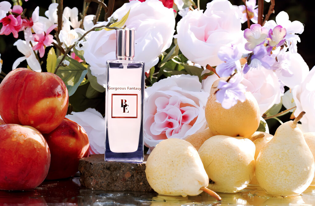 Elegant perfume bottle surrounded by fresh flowers and fruits.