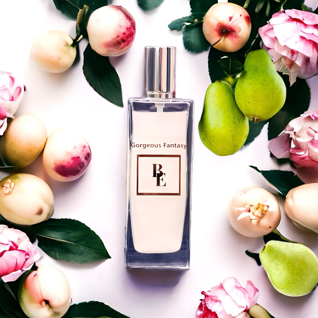 Elegant perfume bottle surrounded by fresh flowers and fruits.