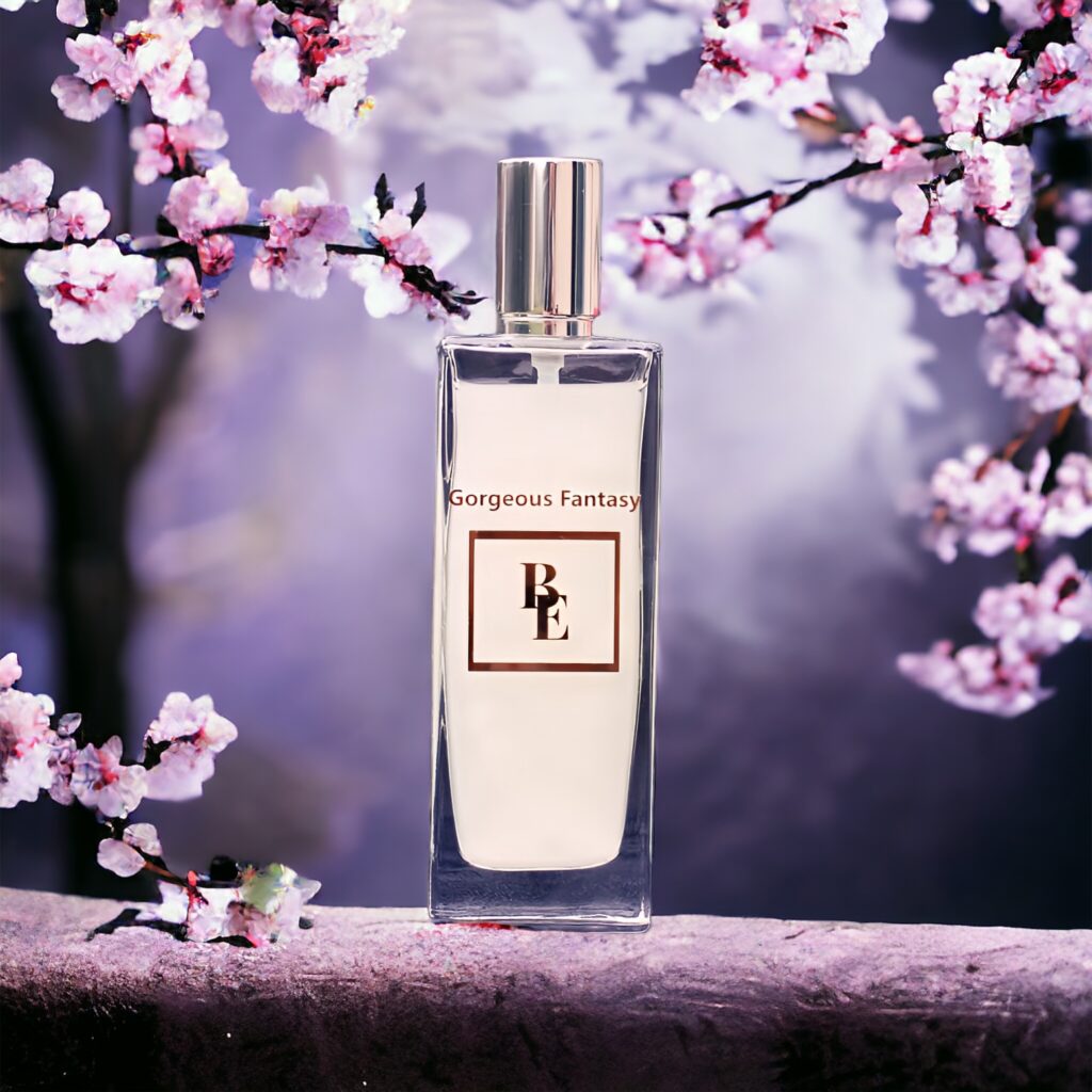 Elegant perfume bottle among blooming cherry blossoms.