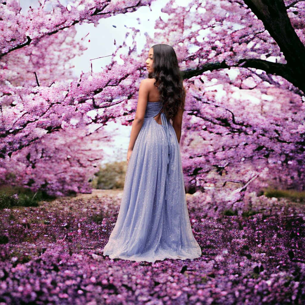 Woman in a flowing dress under blooming cherry blossoms.