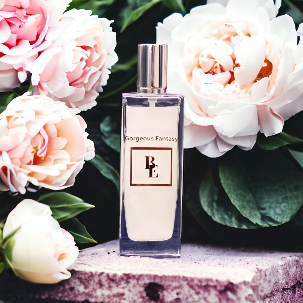 Elegant perfume bottle surrounded by soft pink and white flowers.