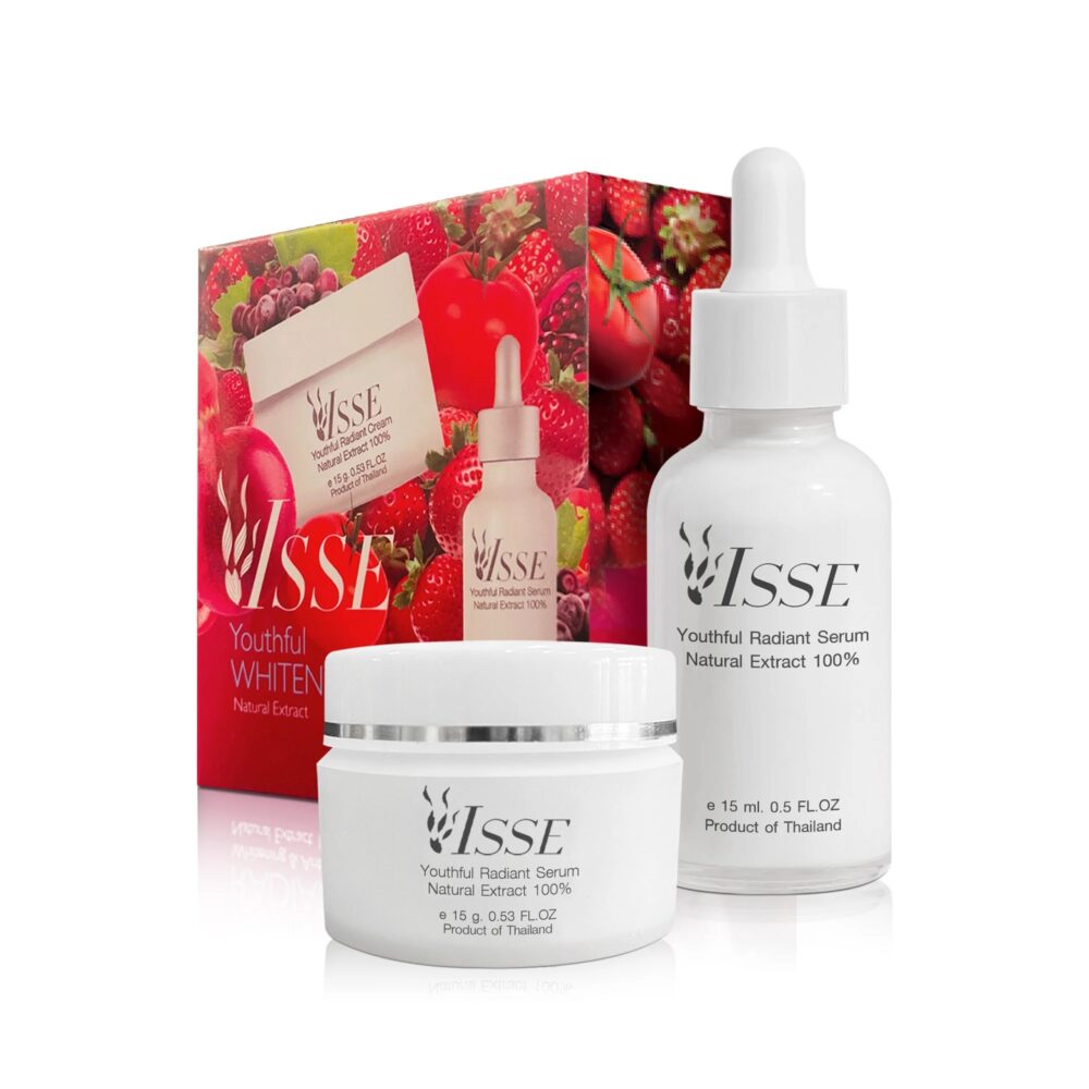 Skincare set with cream and serum in white containers and floral packaging.