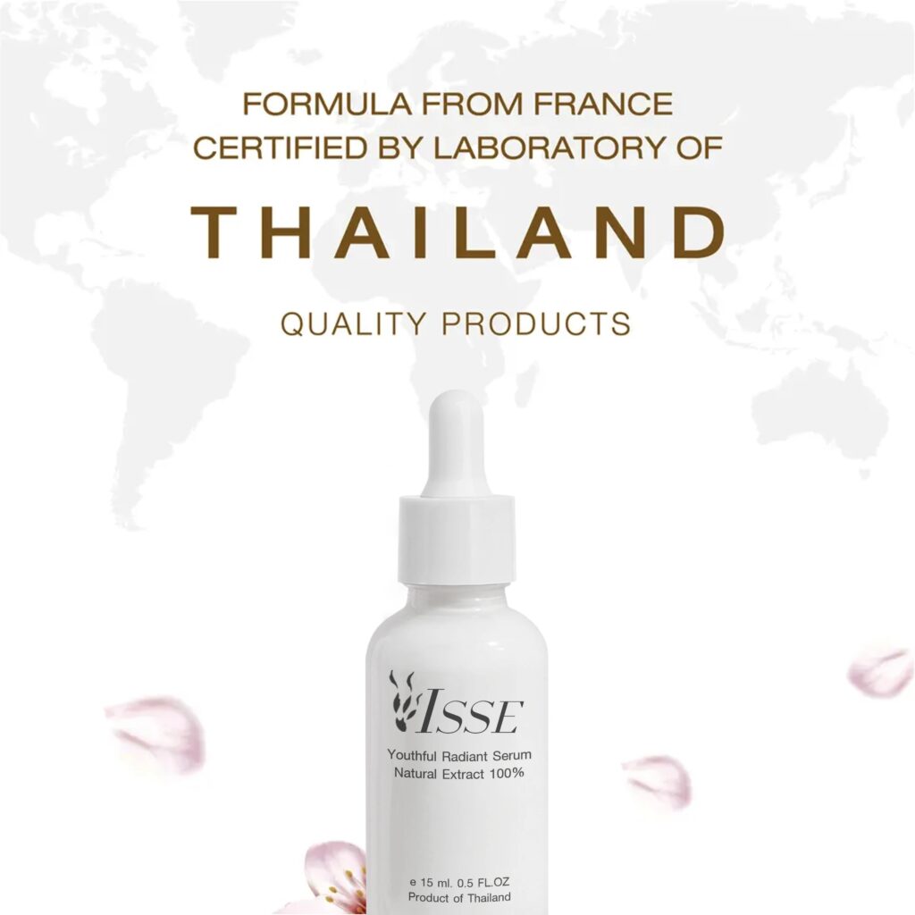 White skincare bottle labeled Thailand quality product with a clean design.