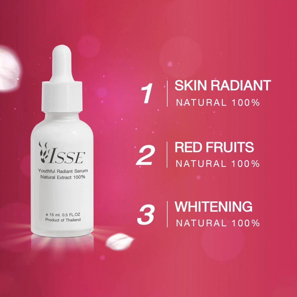 Skin care serum emphasizing natural ingredients for radiant, red fruit-infused, and whitening effects.