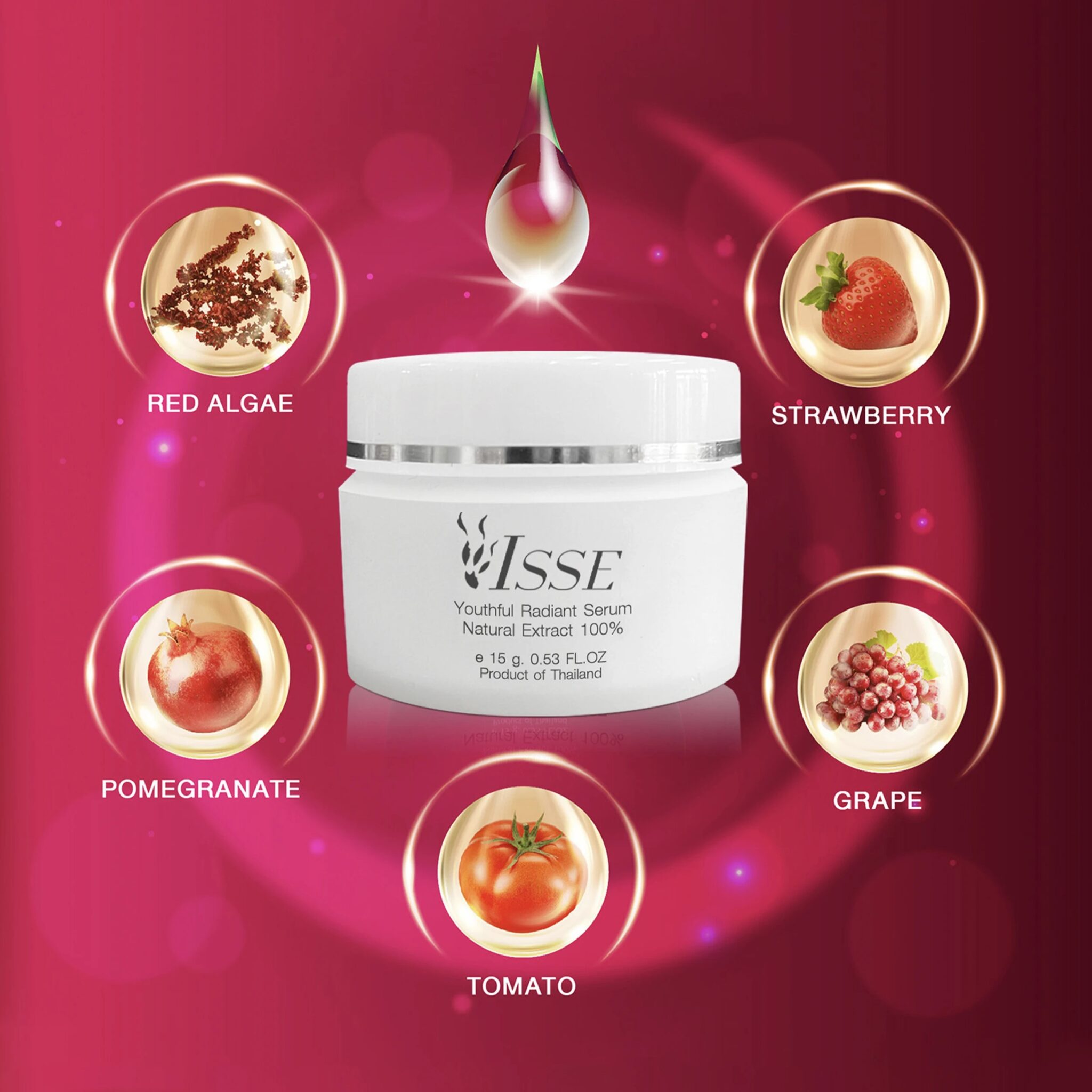 Skincare cream surrounded by natural ingredient icons on a vibrant red background.