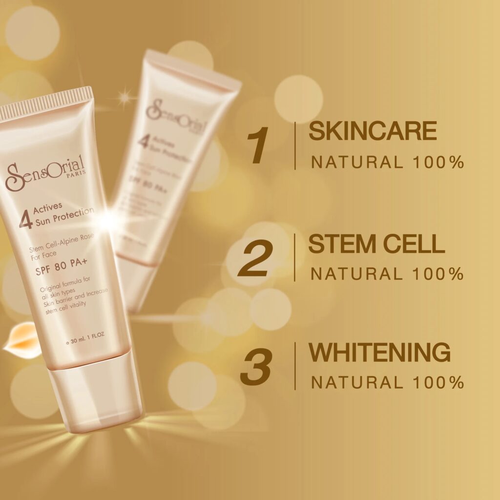Skincare products highlighting natural, stem cell, and whitening benefits.